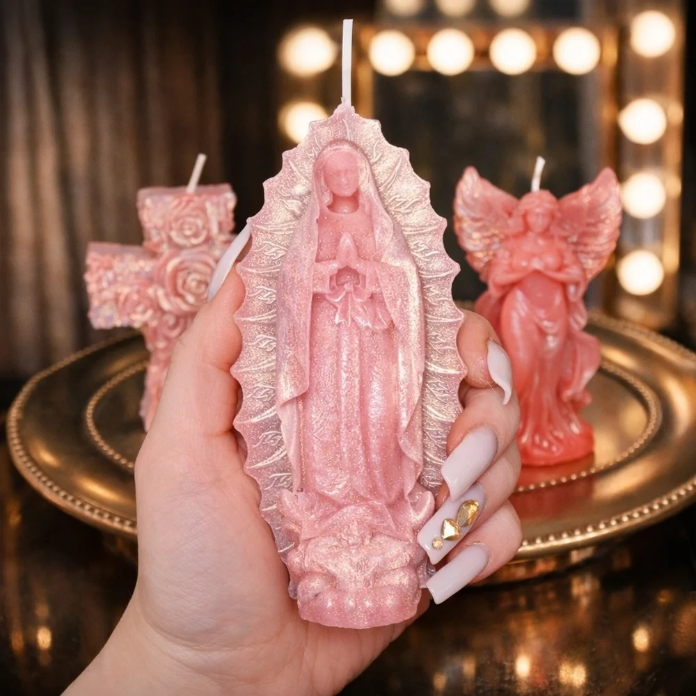 3pc Pink Shimmer Beeswax Devotional Candle Set – Cross, Virgen & Angel (7oz)